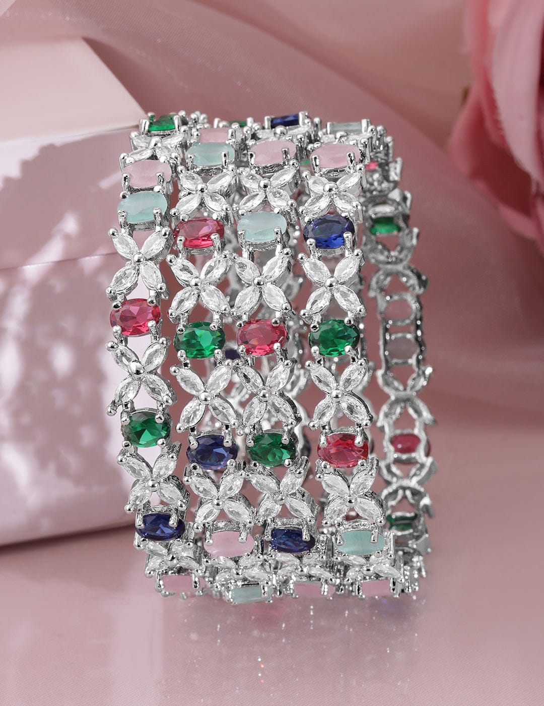 Wentra Set of 4 Rhodium-Plated Multicolor AD & CubicZirconia Studded Floral Design Bangles