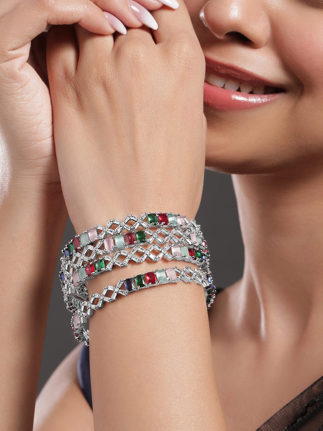 Wentra Set of 4 Rhodium-Plated Multicolor Stone & White Cubic Zirconia Studded Bangles