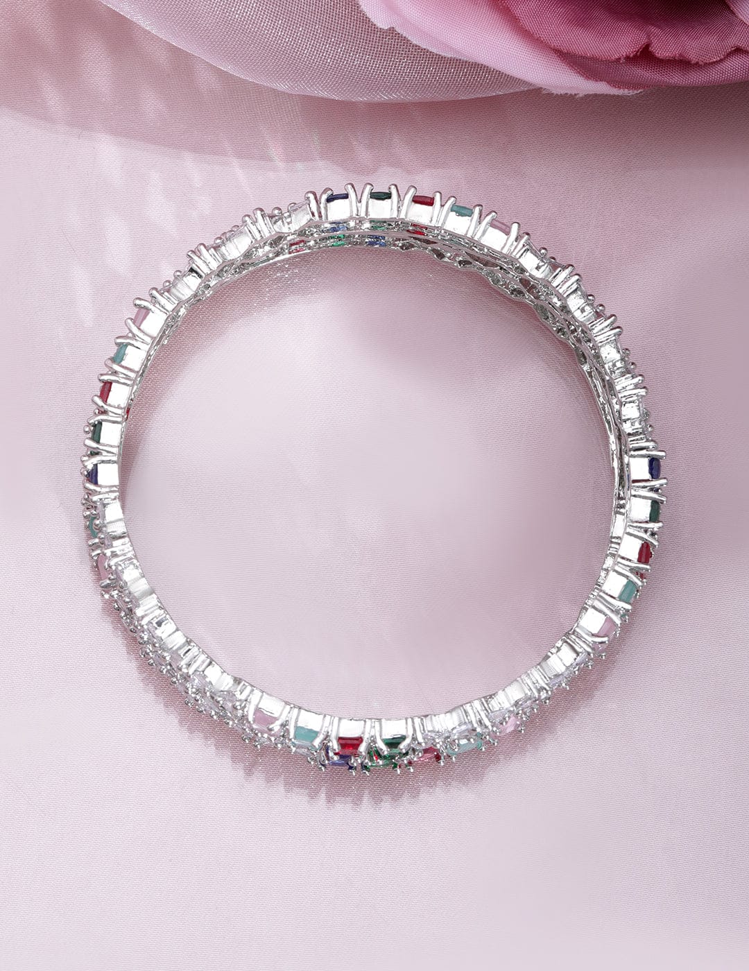 Wentra Set of 4 Rhodium-Plated Multicolor Stone & White Cubic Zirconia Studded Bangles