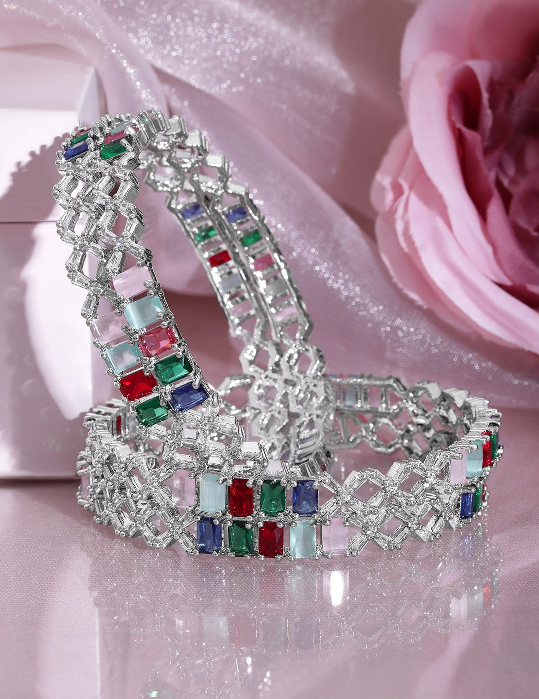 Wentra Set of 4 Rhodium-Plated Multicolor Stone & White Cubic Zirconia Studded Bangles