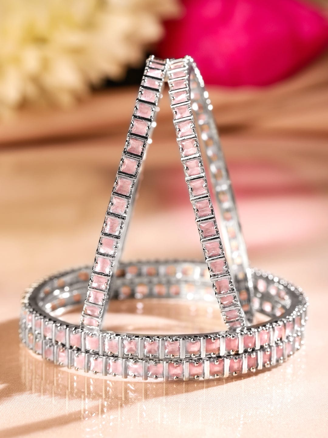 Wentra Set of 4 Rhodium-Plated Pastel Pink Cubic Zirconia Studded Handcrafted Premium Bangles for Women