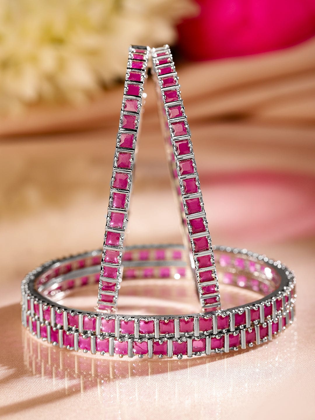 Wentra Set of 4 Rhodium-Plated Ruby Pink Cubic Zirconia Studded Handcrafted Premium Bangles for Women