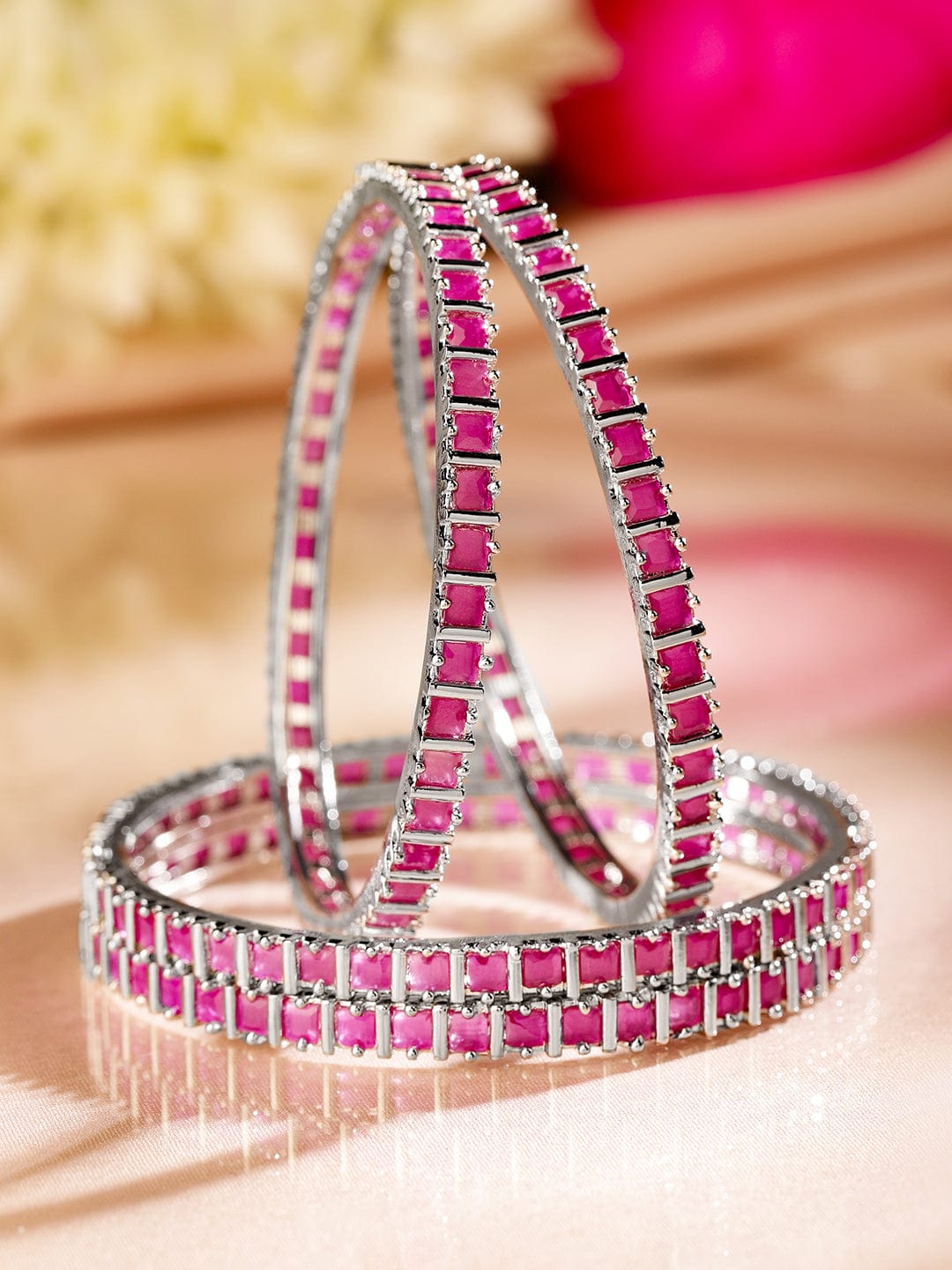Wentra Set of 4 Rhodium-Plated Ruby Pink Cubic Zirconia Studded Handcrafted Premium Bangles for Women
