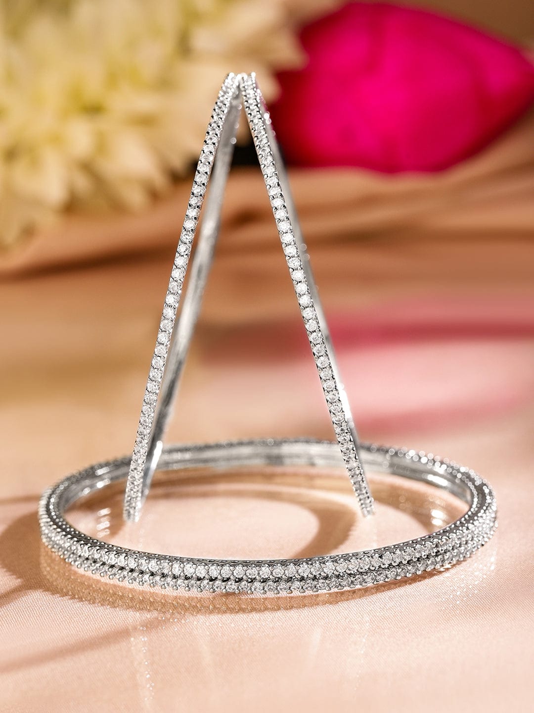Wentra Set of 4 Rhodium-Plated Sparkling White Cubic Zirconia Stones Handcrafted Premium Bangles