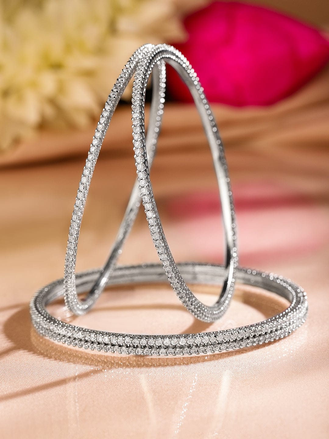 Wentra Set of 4 Rhodium-Plated Sparkling White Cubic Zirconia Stones Handcrafted Premium Bangles