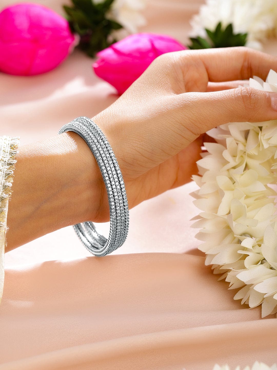 Wentra Set of 4 Rhodium-Plated Sparkling White Cubic Zirconia Stones Handcrafted Premium Bangles