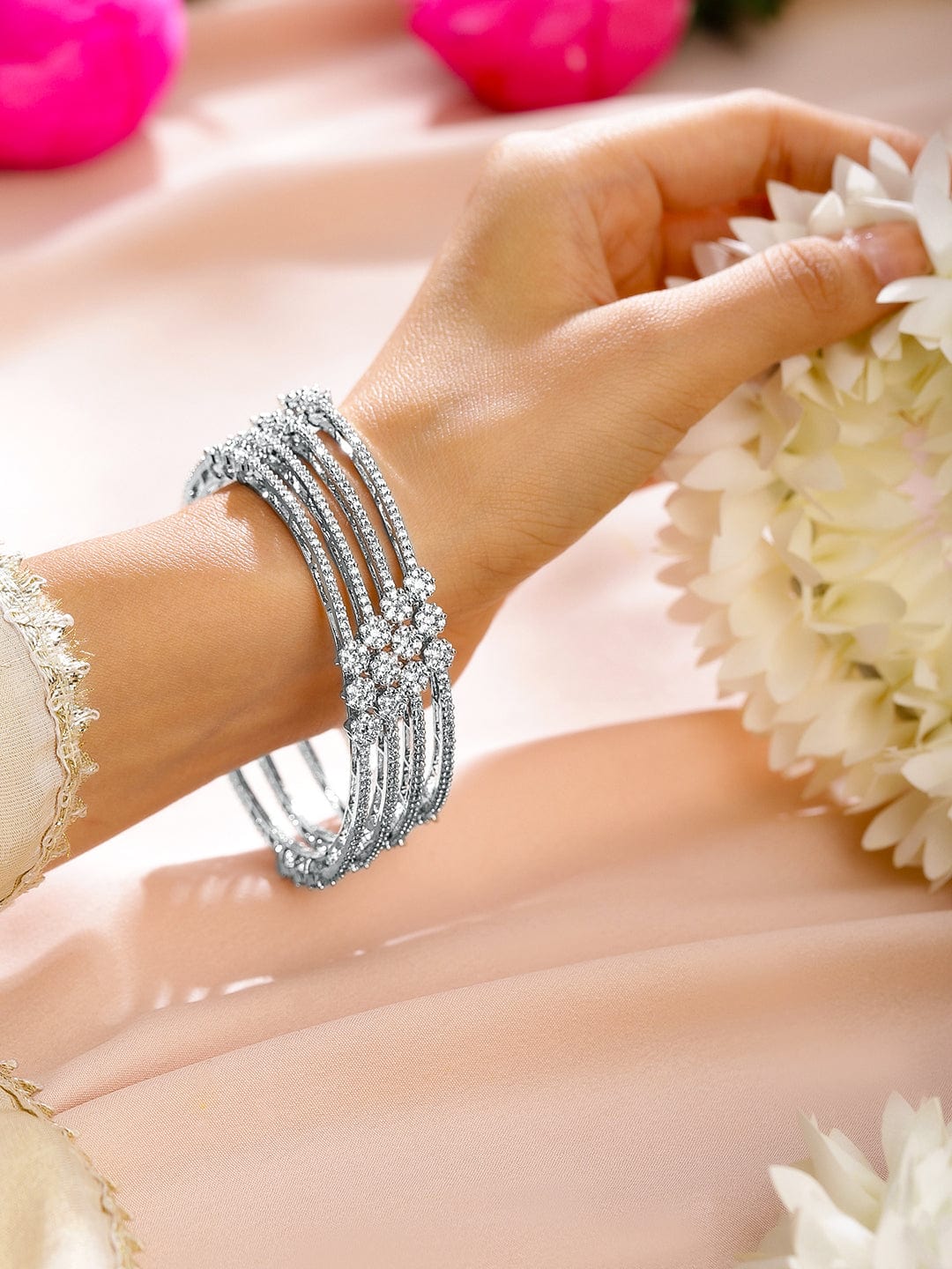 Wentra Set of 4 Rhodium-Plated White Cubic Zirconia Floral Design Handcrafted Premium Bangles for Women