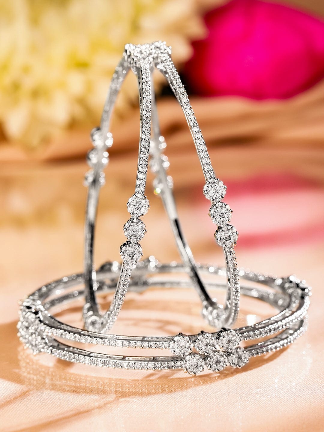 Wentra Set of 4 Rhodium-Plated White Cubic Zirconia Floral Design Handcrafted Premium Bangles for Women