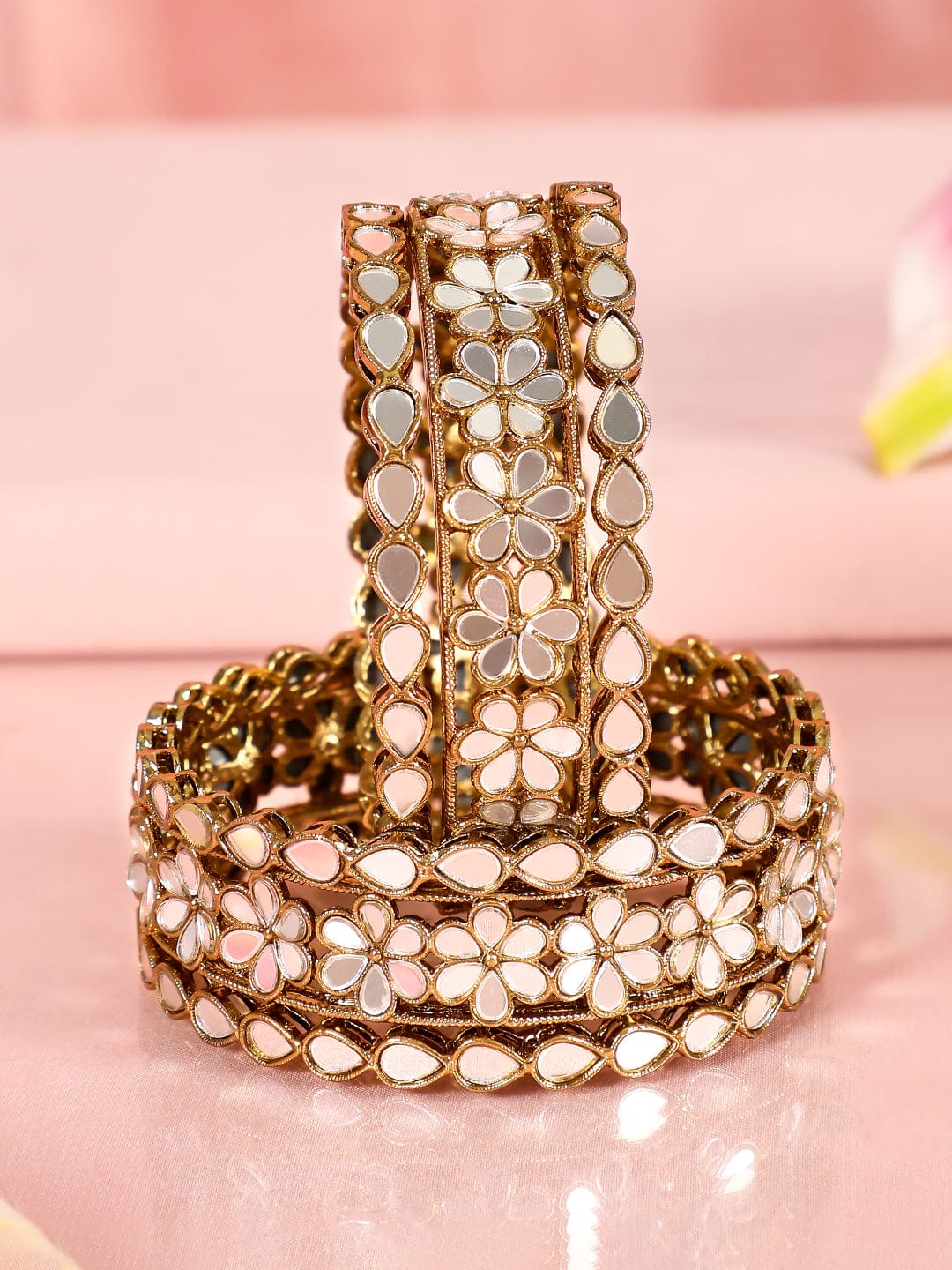 Wentra Set of 6 22K Gold-Plated Mirror Studded Handcrafted Traditional Bangles