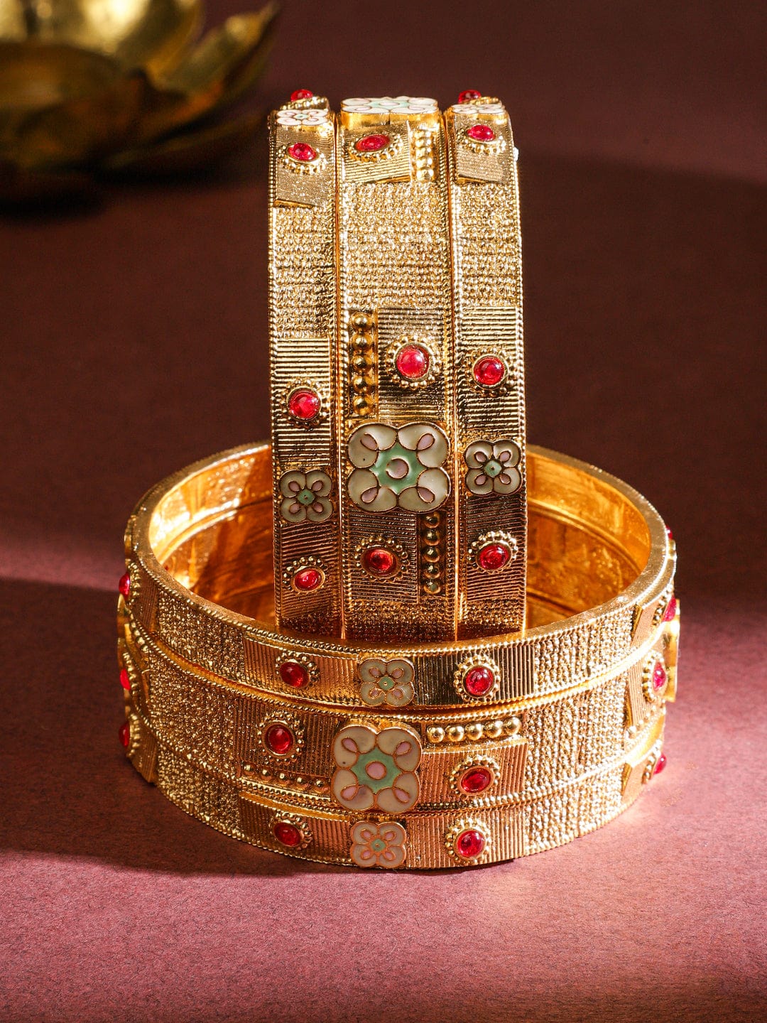 Wentra Set of 6 22K Gold-Plated Mirror Studded Handcrafted Traditional Bangles