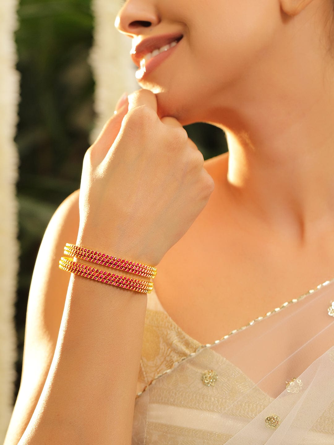 Wentra Set of 6, 22K Gold-Plated Ruby Pink Stone Studded Handcrafted Bangles