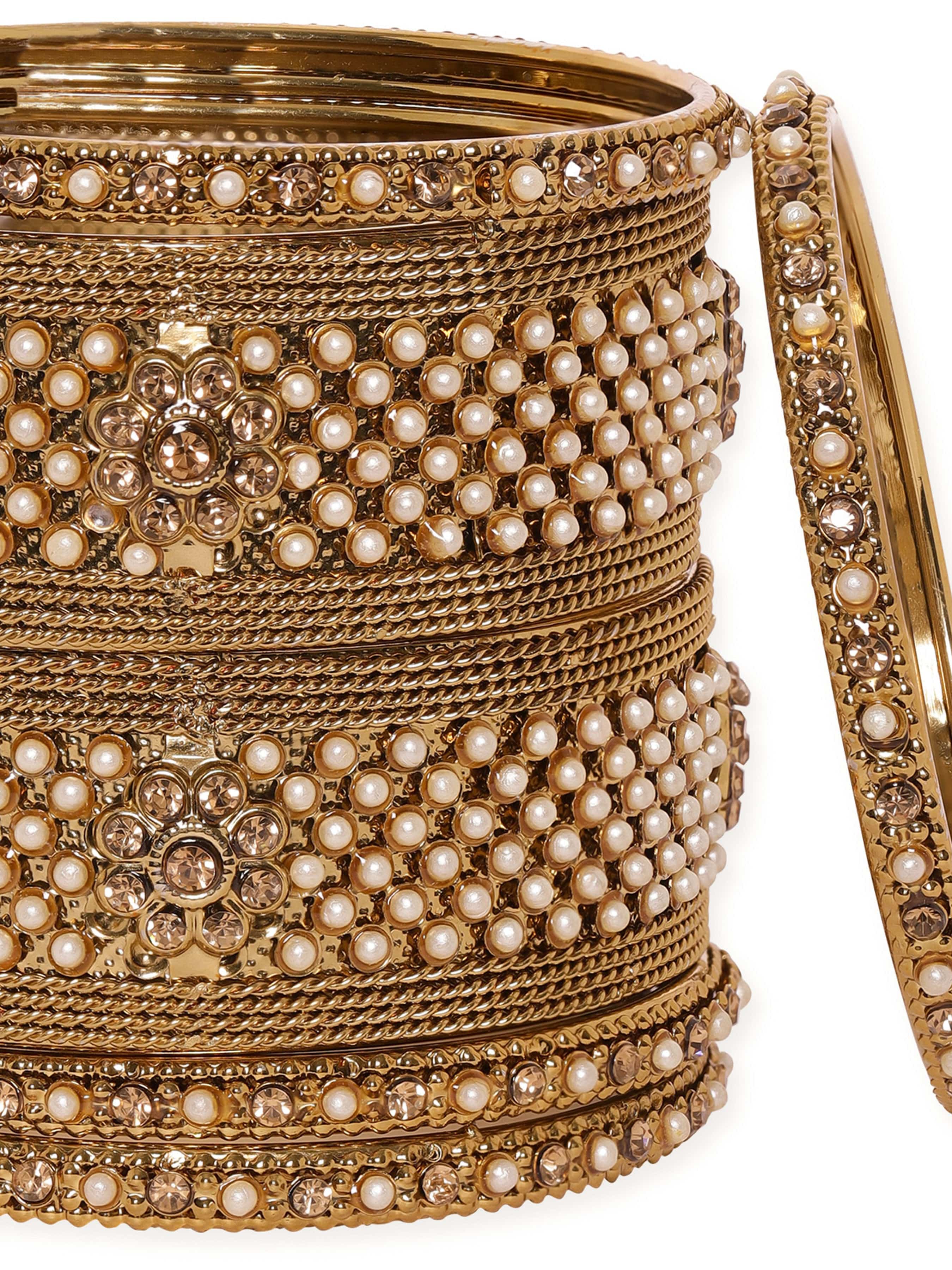 Wentra Set of 6 Gold Plated Pearl & Stone Studded Traditional Handcrafted Bangles