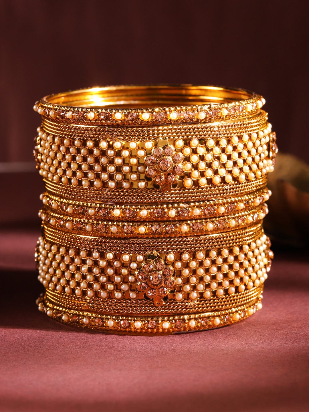 Wentra Set of 6 Gold Plated Pearl & Stone Studded Traditional Handcrafted Bangles