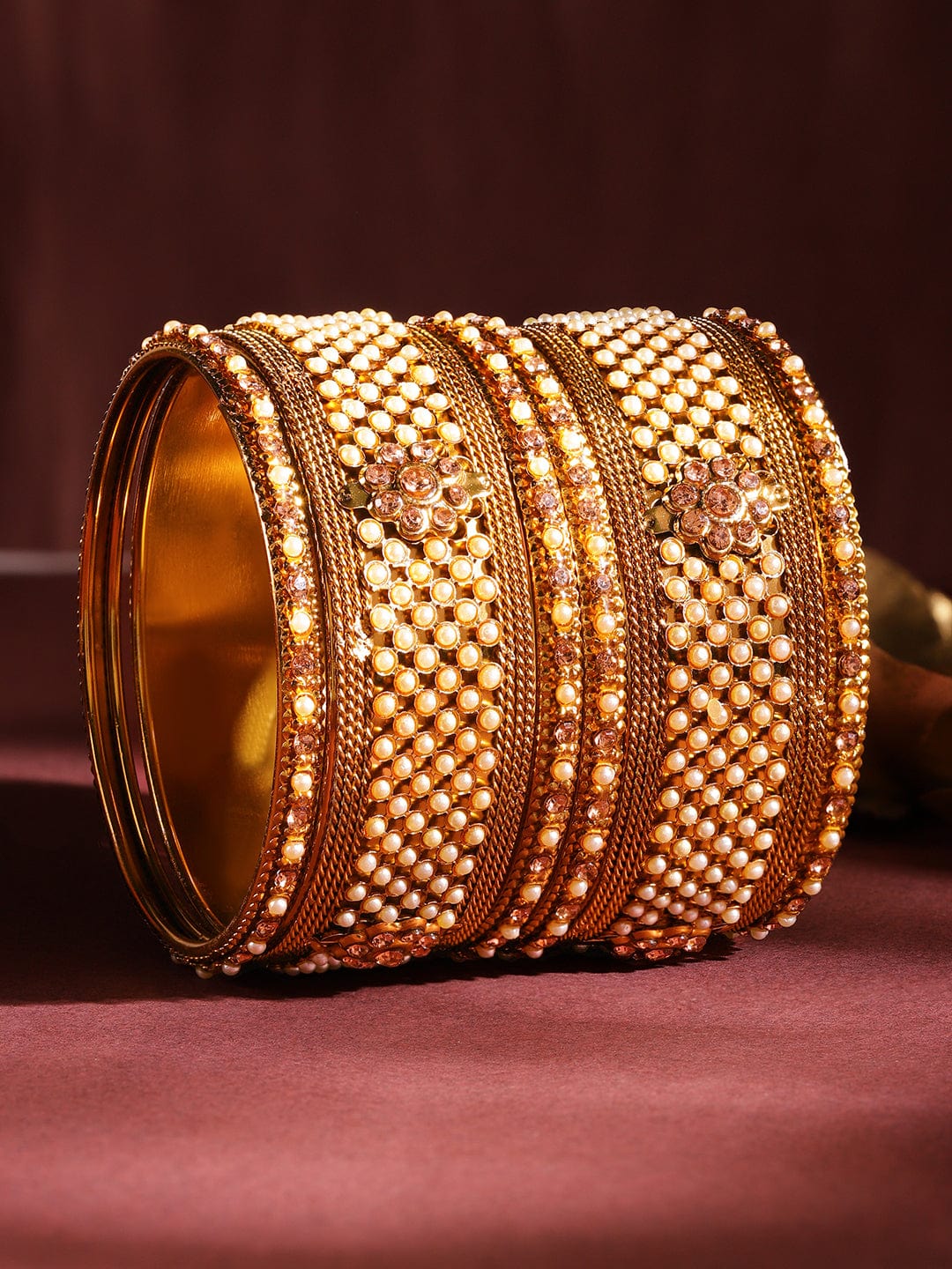 Wentra Set of 6 Gold Plated Pearl & Stone Studded Traditional Handcrafted Bangles