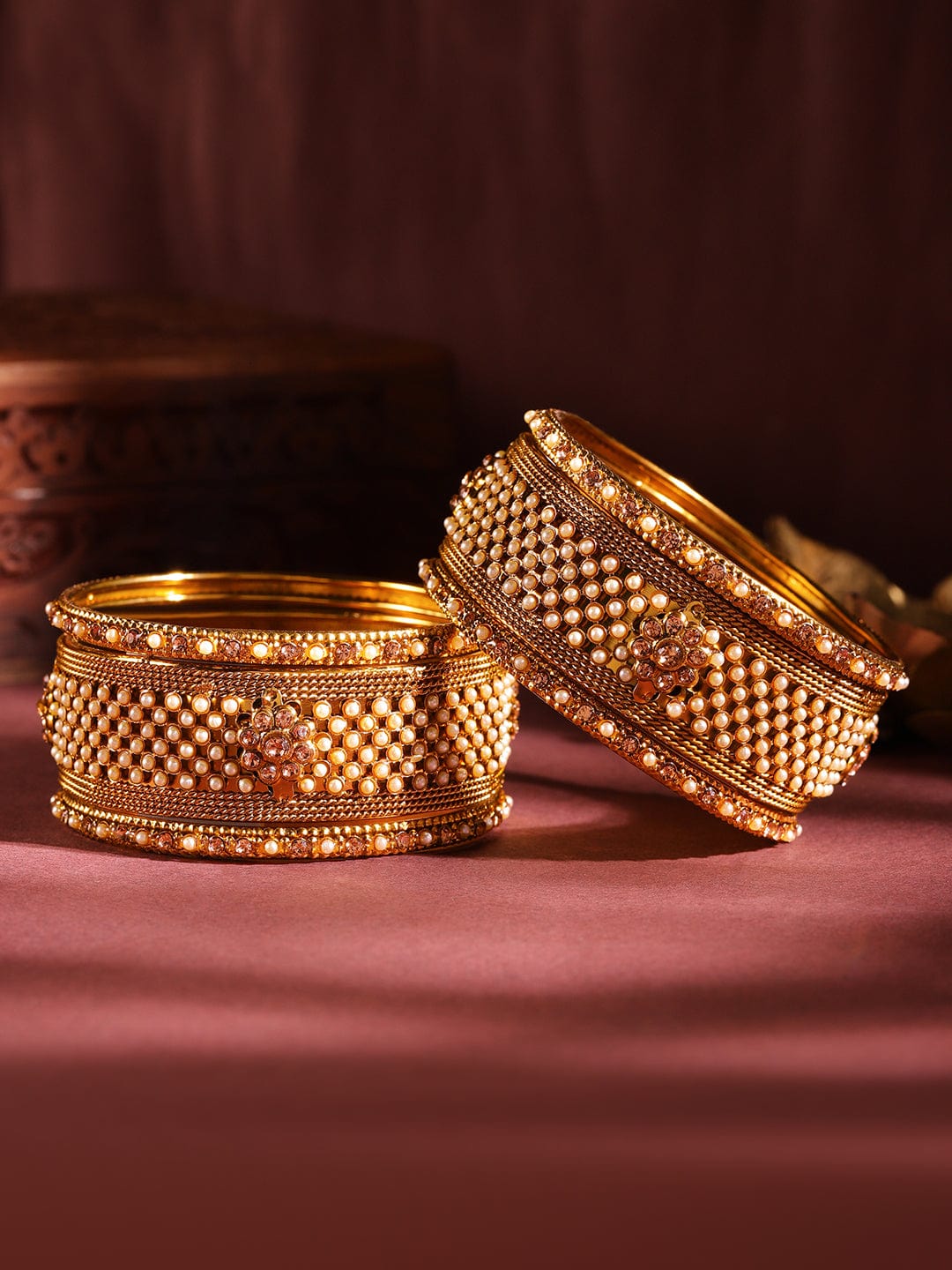 Wentra Set of 6 Gold Plated Pearl & Stone Studded Traditional Handcrafted Bangles