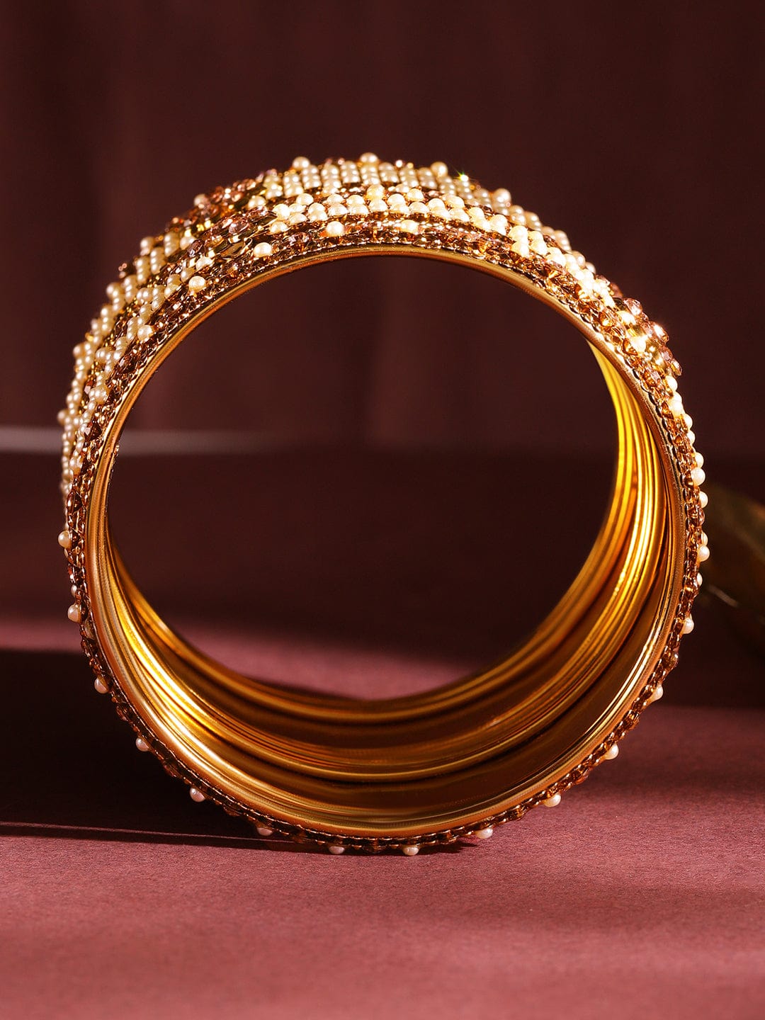 Wentra Set of 6 Gold Plated Pearl & Stone Studded Traditional Handcrafted Bangles