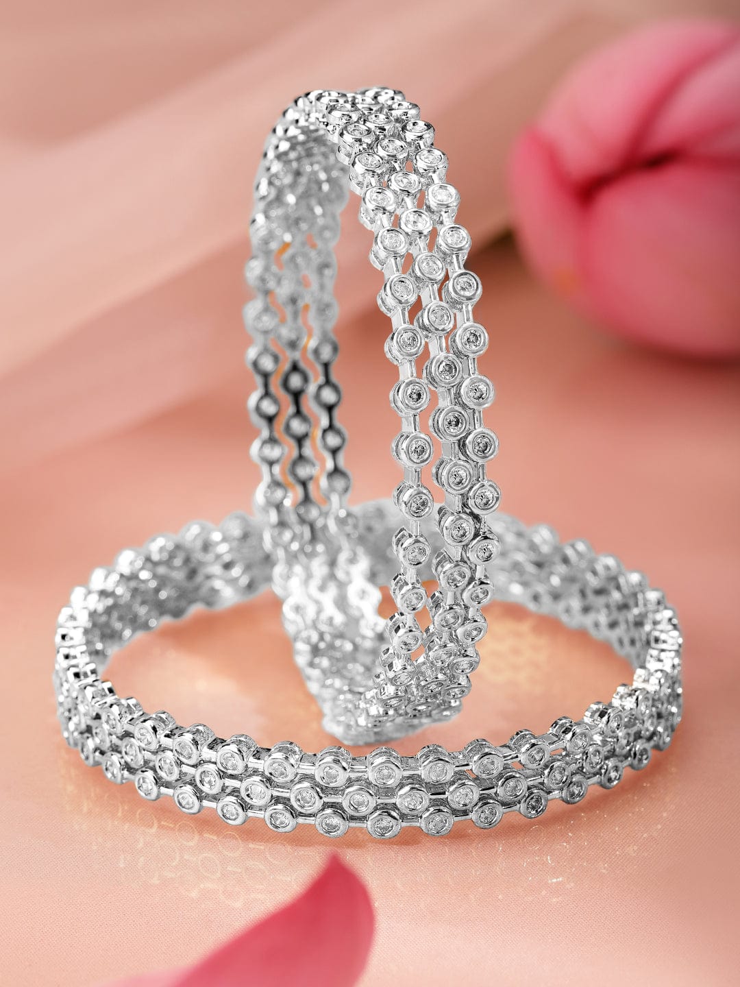 Wentra Set Of 6 Rhodium-Plated Cubic Zirconia Studded Classics Bangles in Silver Tone for Women