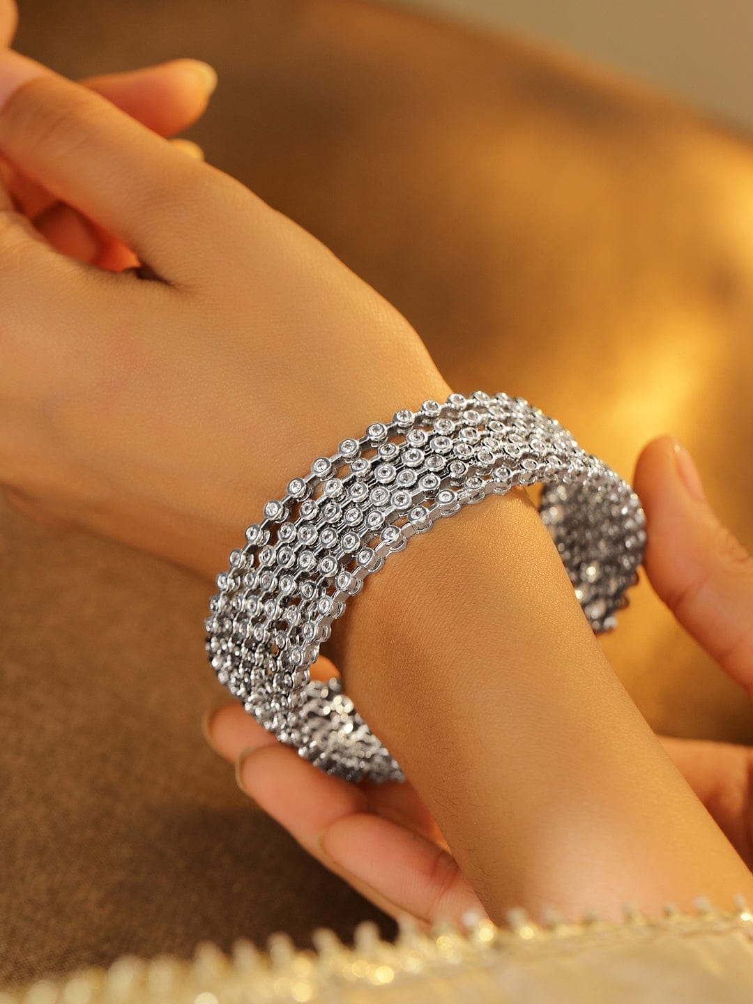 Wentra Set Of 6 Rhodium-Plated Cubic Zirconia Studded Classics Bangles in Silver Tone for Women