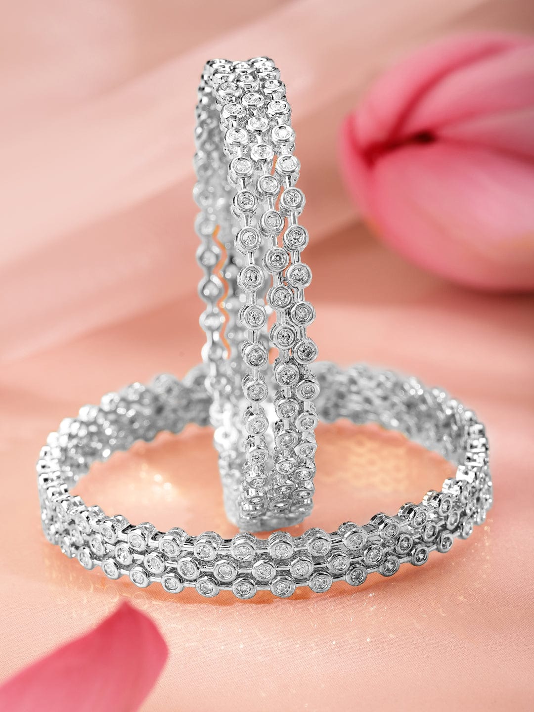 Wentra Set Of 6 Rhodium-Plated Cubic Zirconia Studded Classics Bangles in Silver Tone for Women