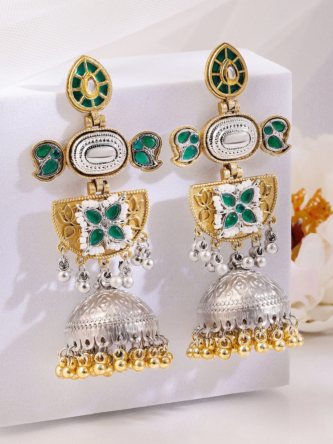 Green Radiance Silver-Gold Oxidised Jhumka