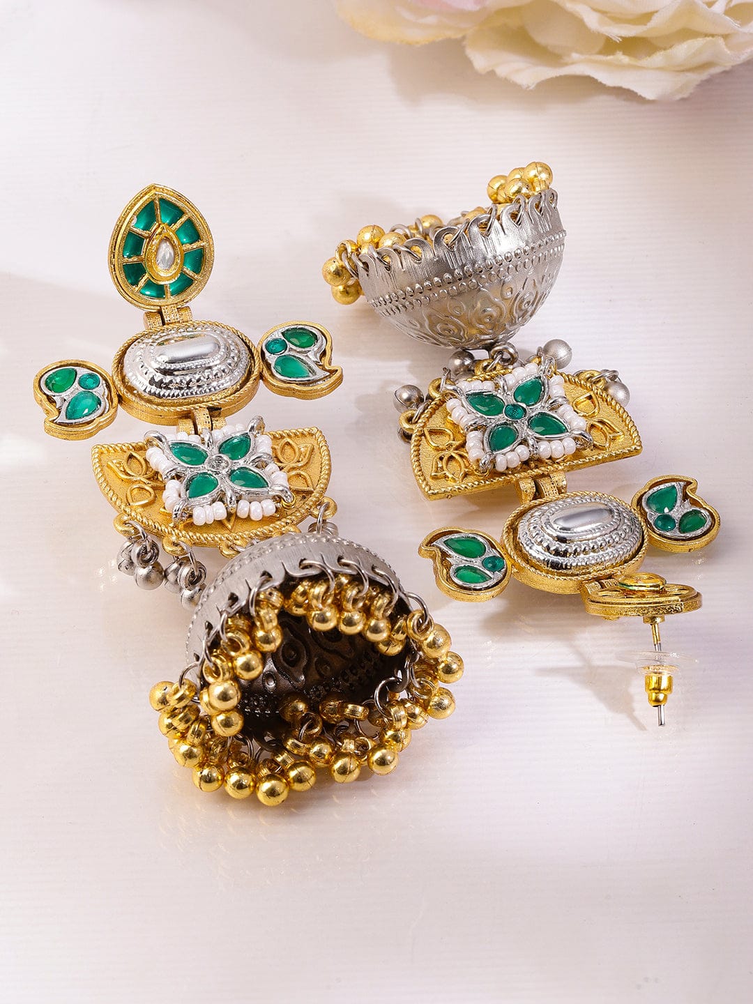 Green Radiance Silver-Gold Oxidised Jhumka