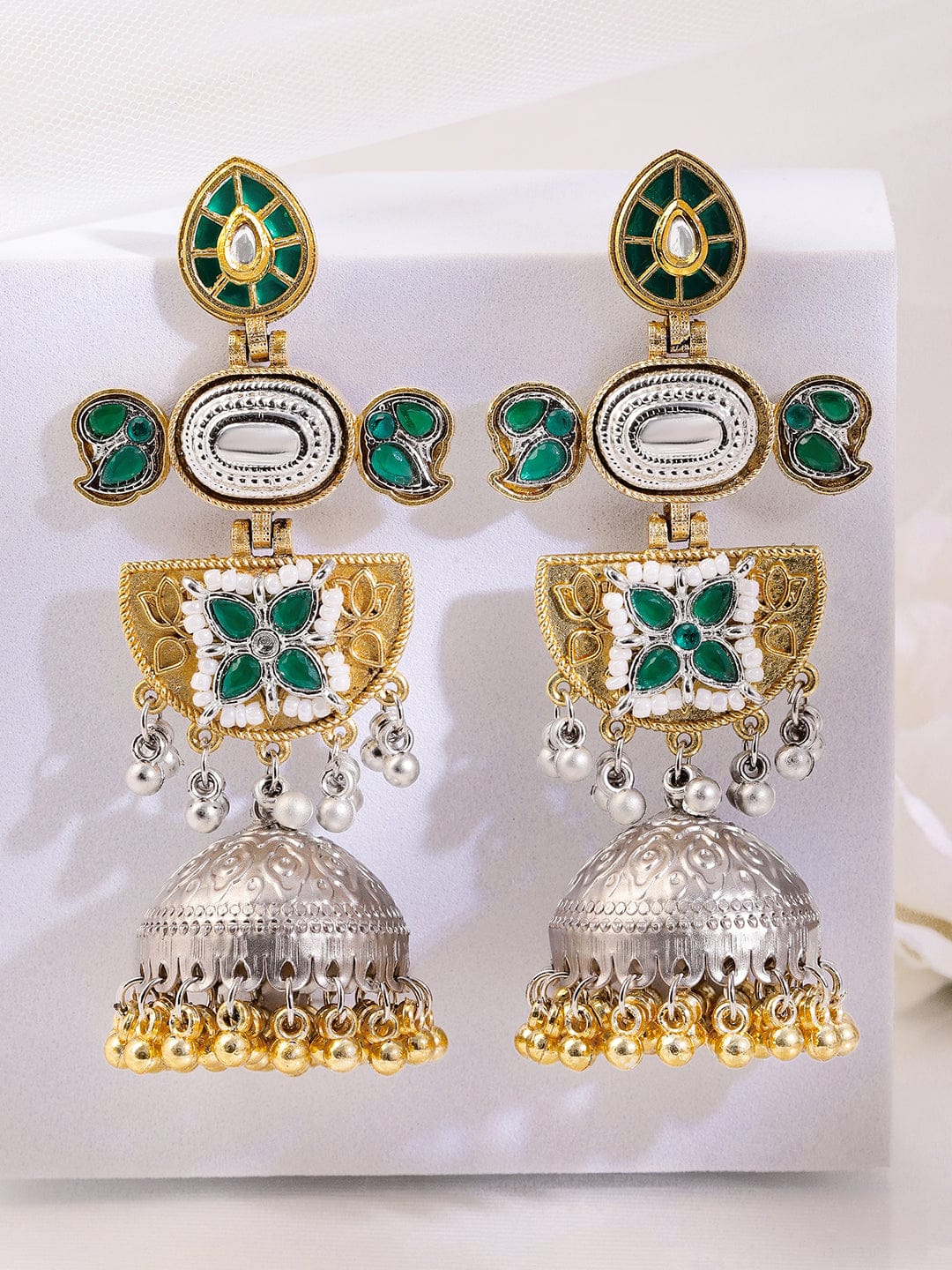 Green Radiance Silver-Gold Oxidised Jhumka