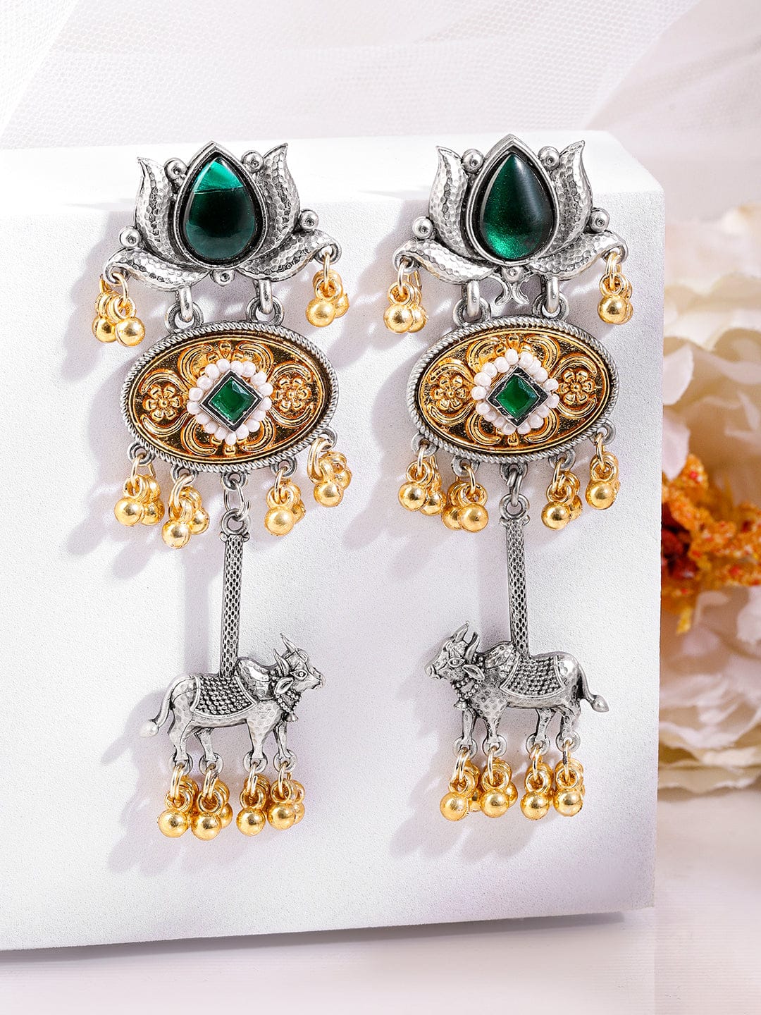 Emerald Lotus Blessing Oxidised Earrings