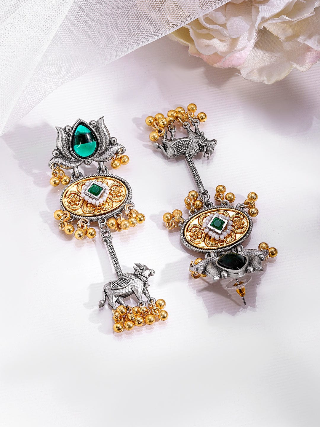 Emerald Lotus Blessing Oxidised Earrings