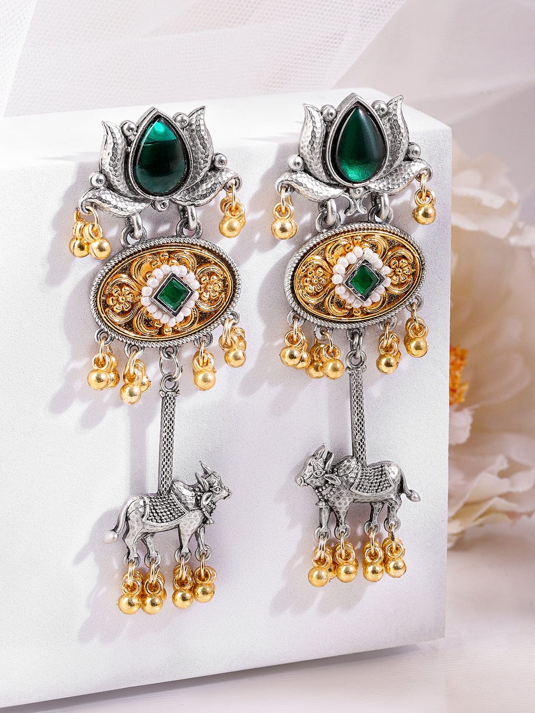 Emerald Lotus Blessing Oxidised Earrings
