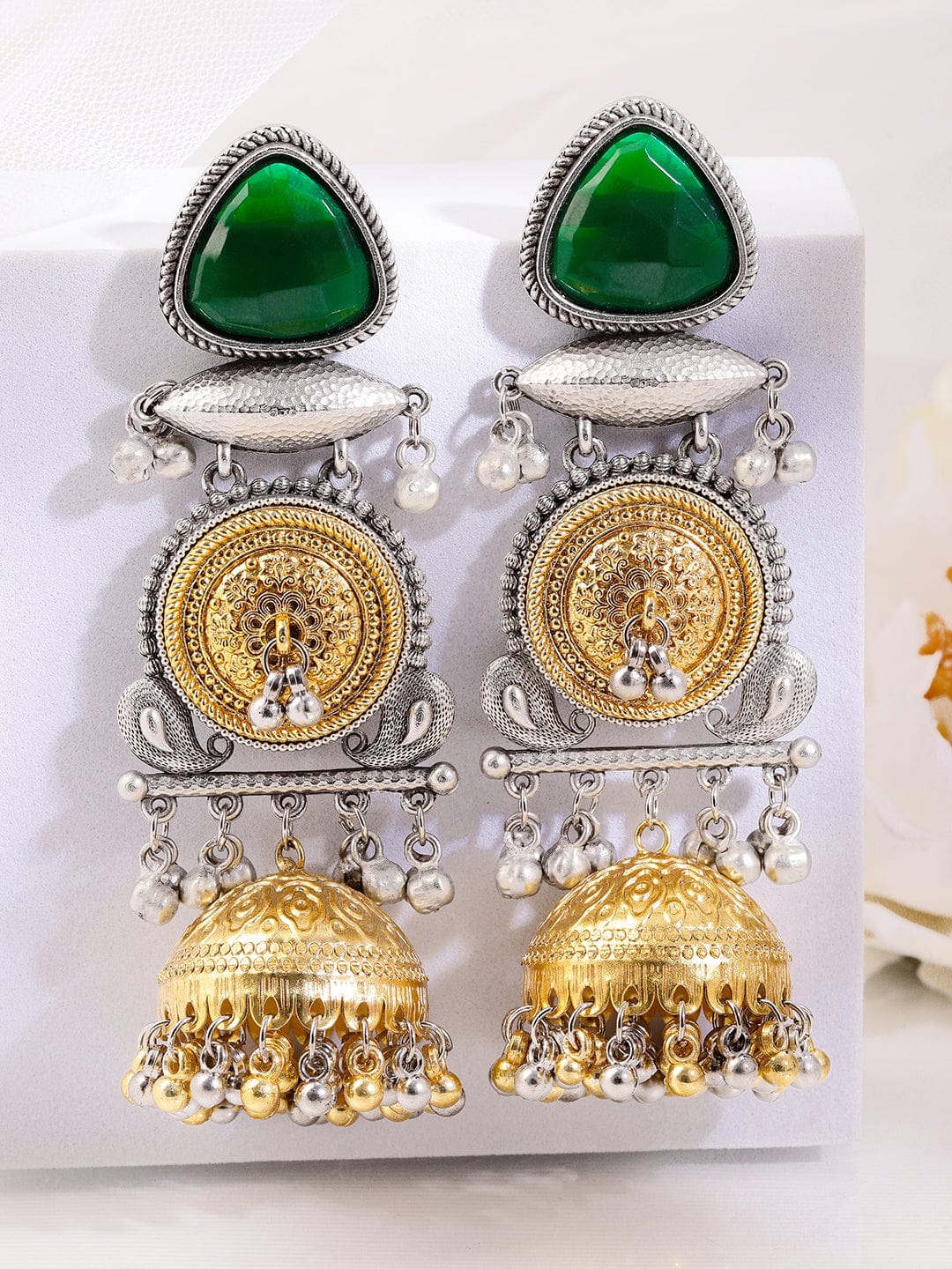 Emerald Grace Oxidised Charm Jhumka