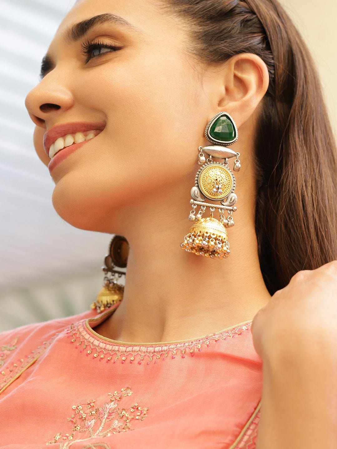 Emerald Grace Oxidised Charm Jhumka