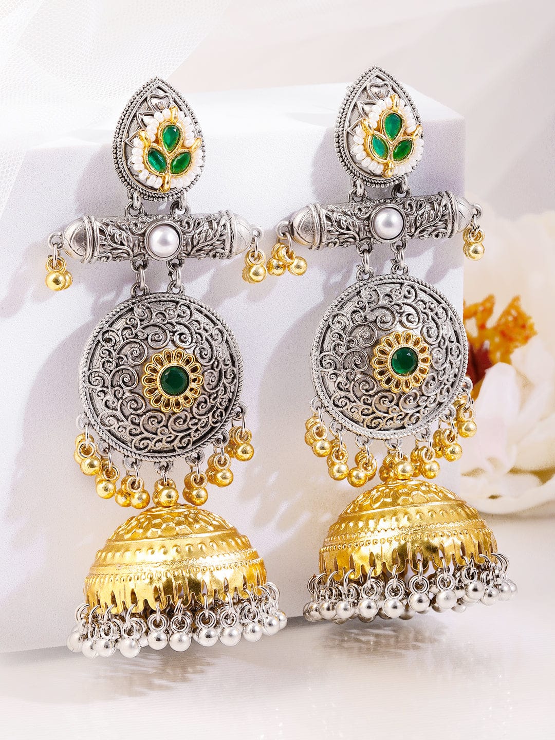Emerald Glory Oxidised Jhumka Earrings