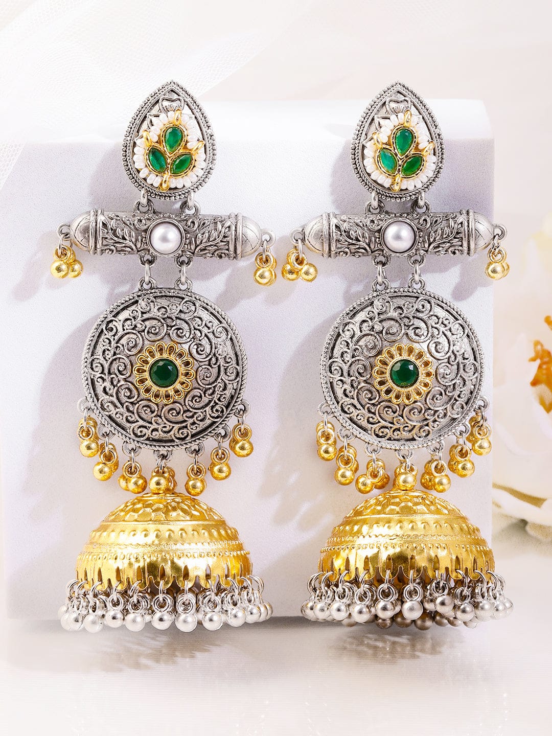 Emerald Glory Oxidised Jhumka Earrings