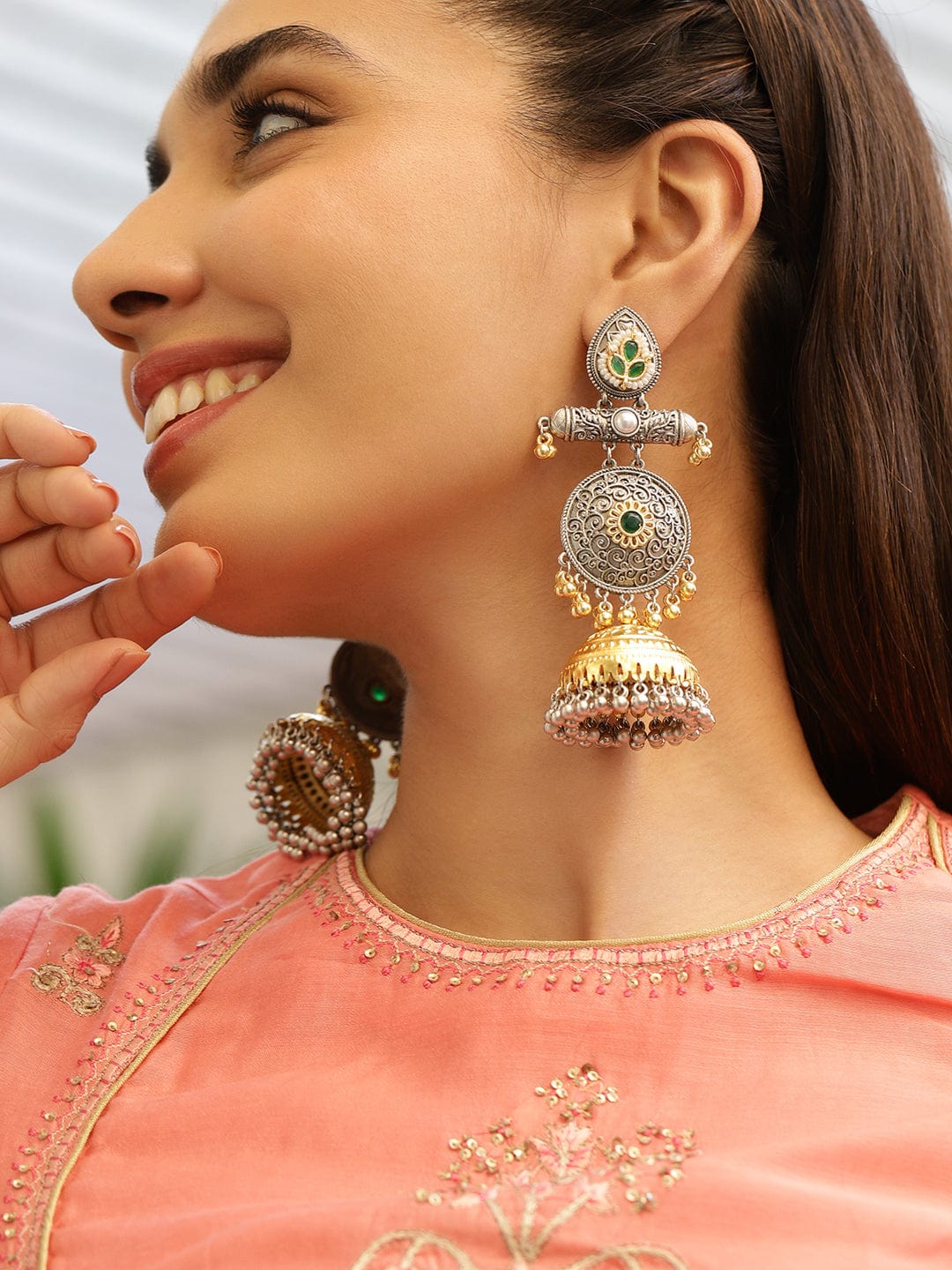 Emerald Glory Oxidised Jhumka Earrings