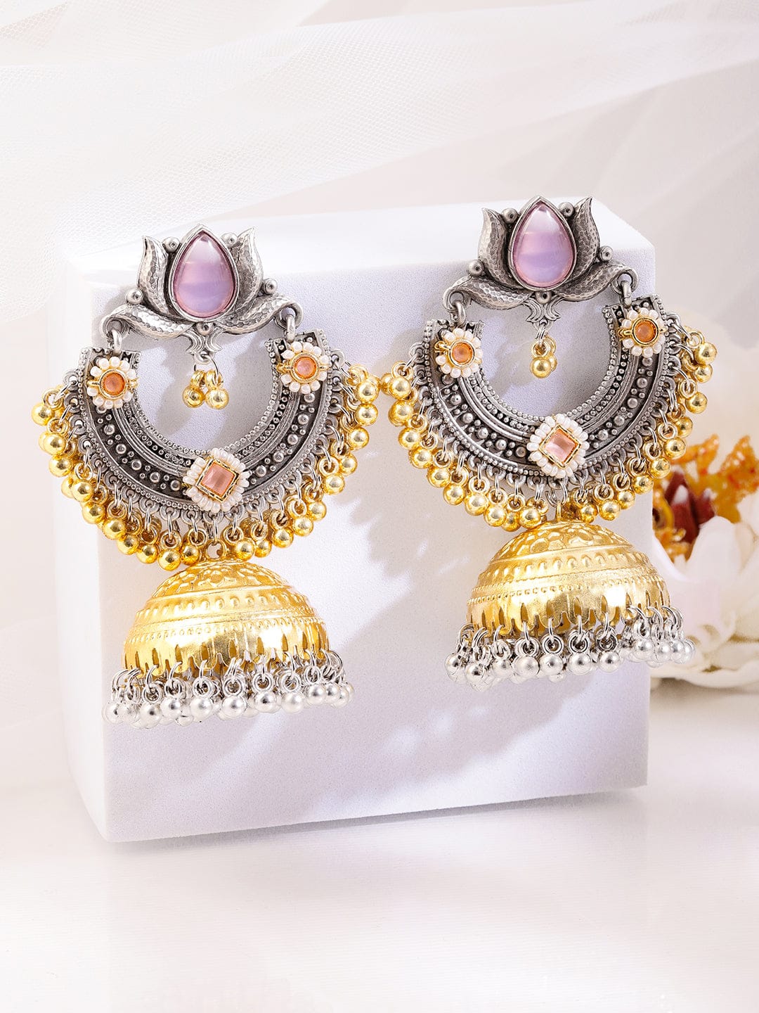 Pink Petal Charm Oxidised Jhumkas