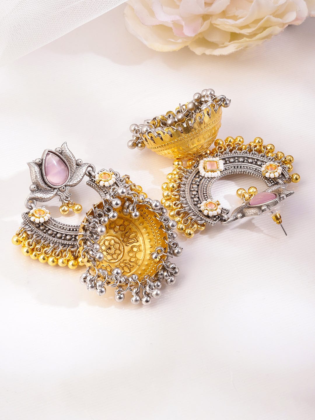 Pink Petal Charm Oxidised Jhumkas