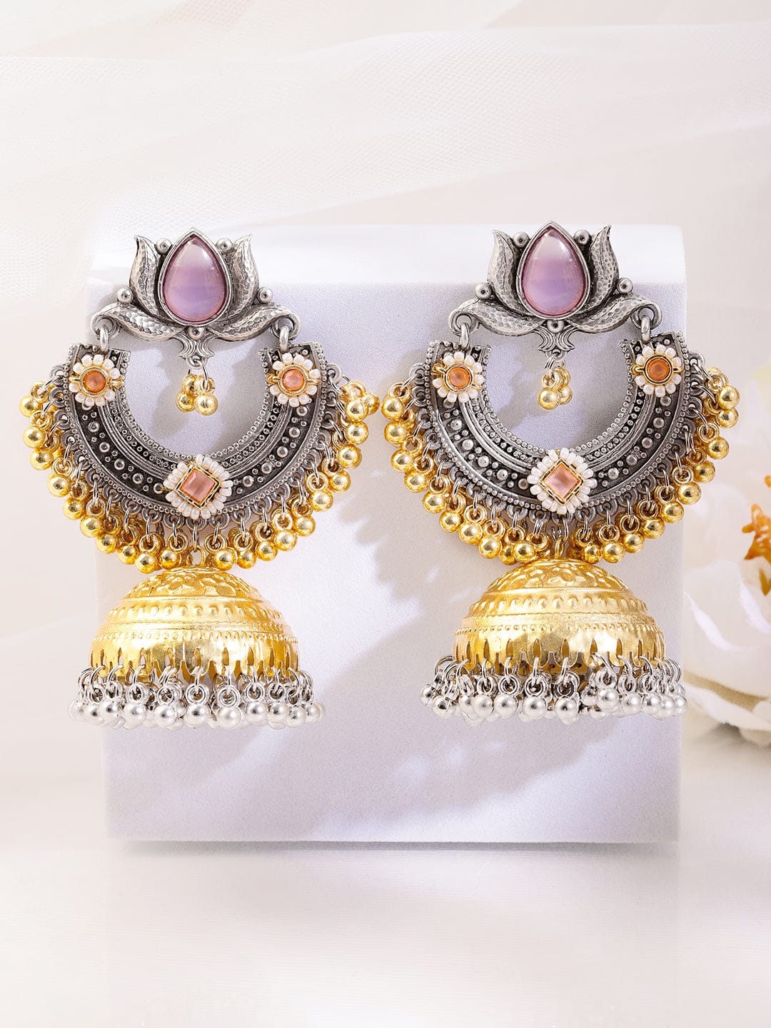 Pink Petal Charm Oxidised Jhumkas