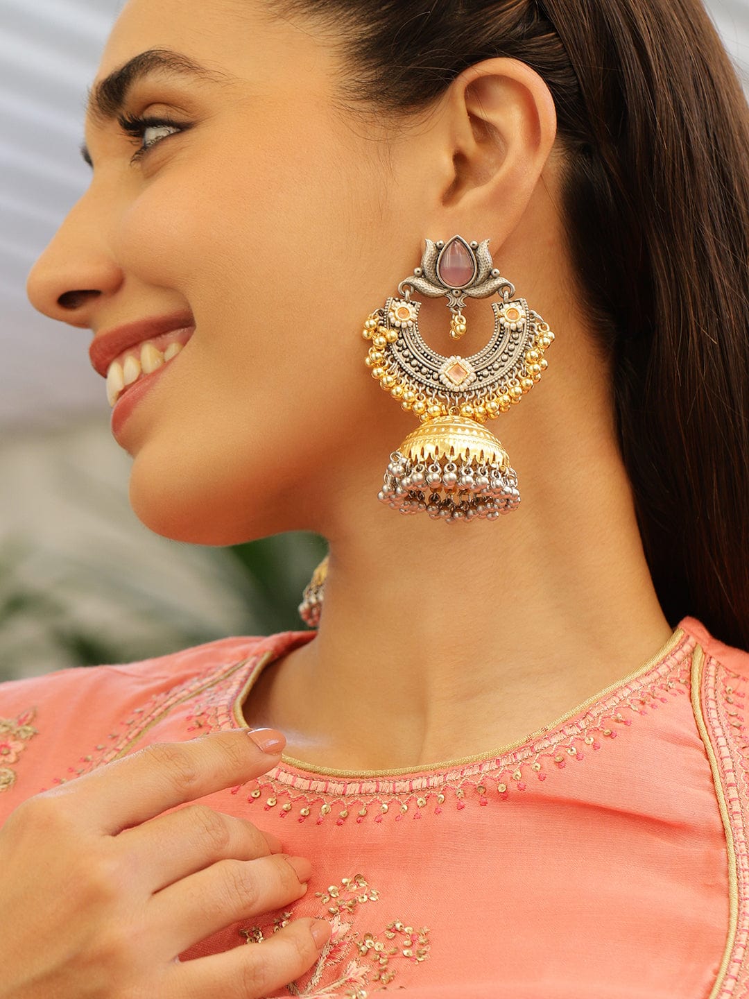 Pink Petal Charm Oxidised Jhumkas