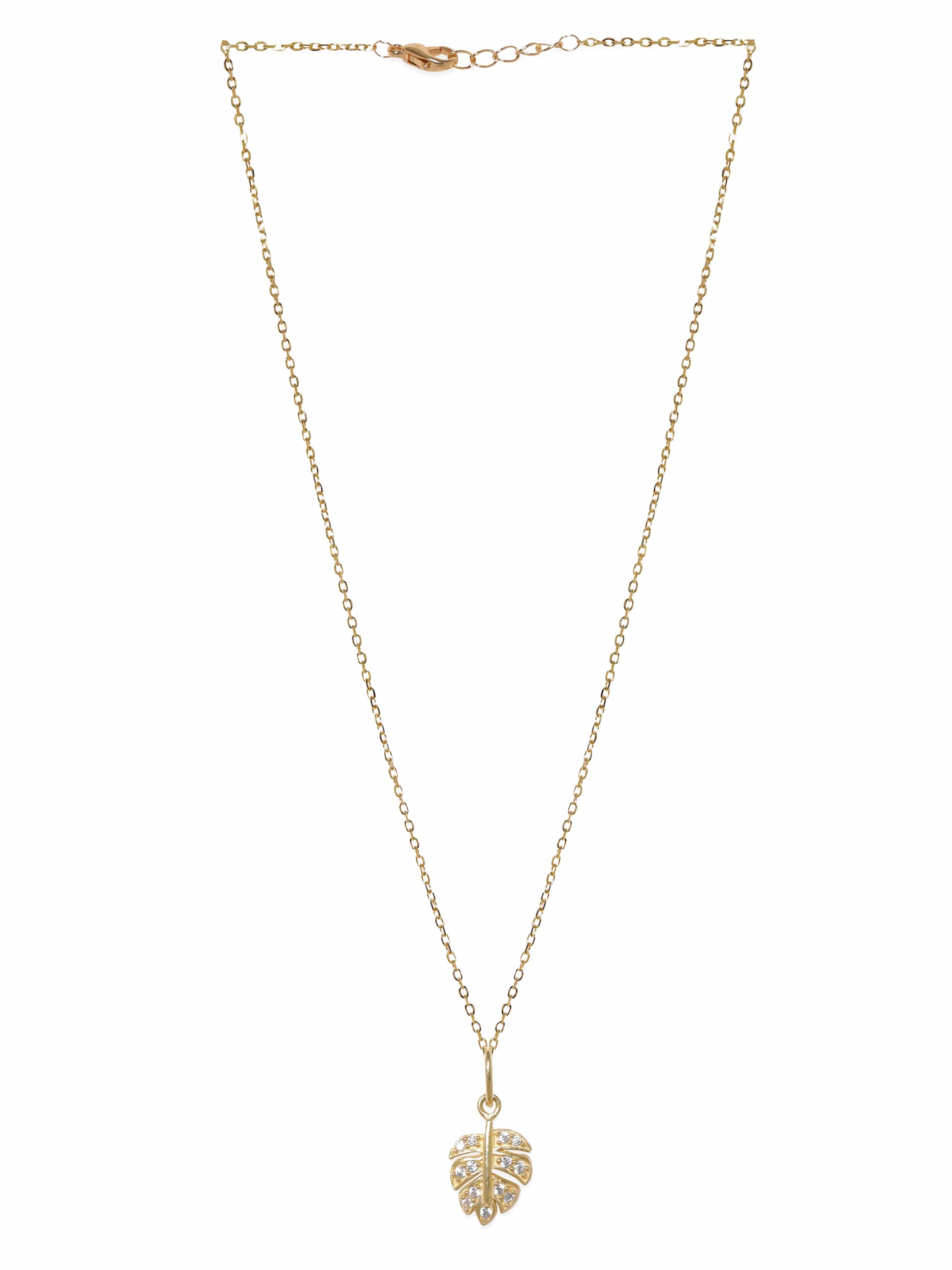 Crystal Studded Gold Toned Leaf Pendant Necklace