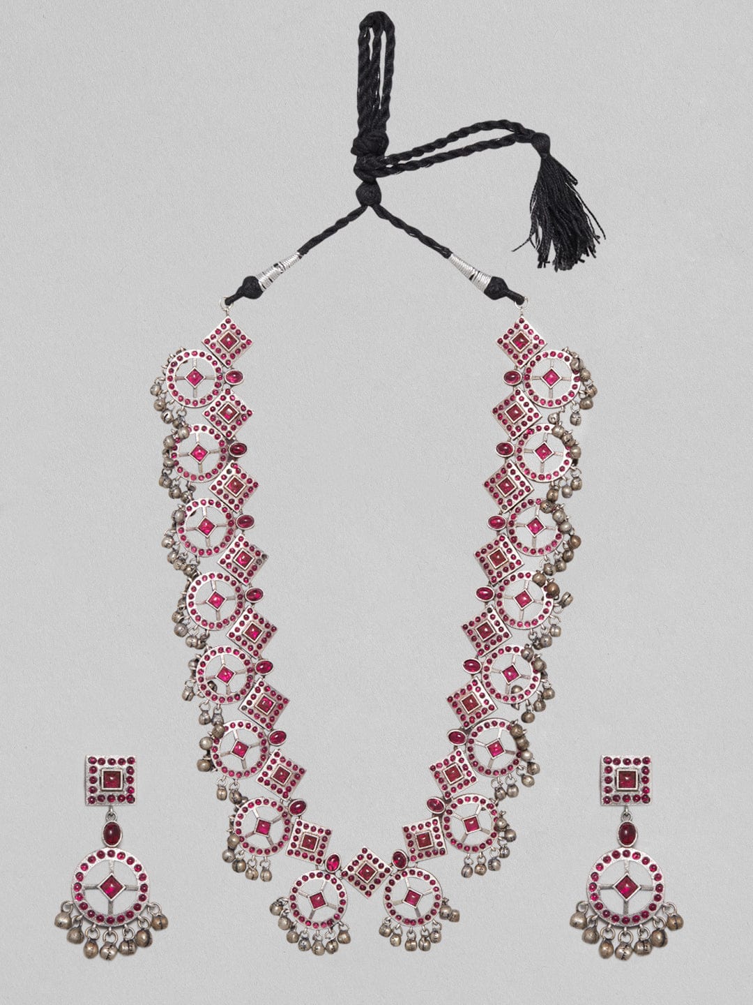 Geometric Oxidised Pink Long Necklace Set