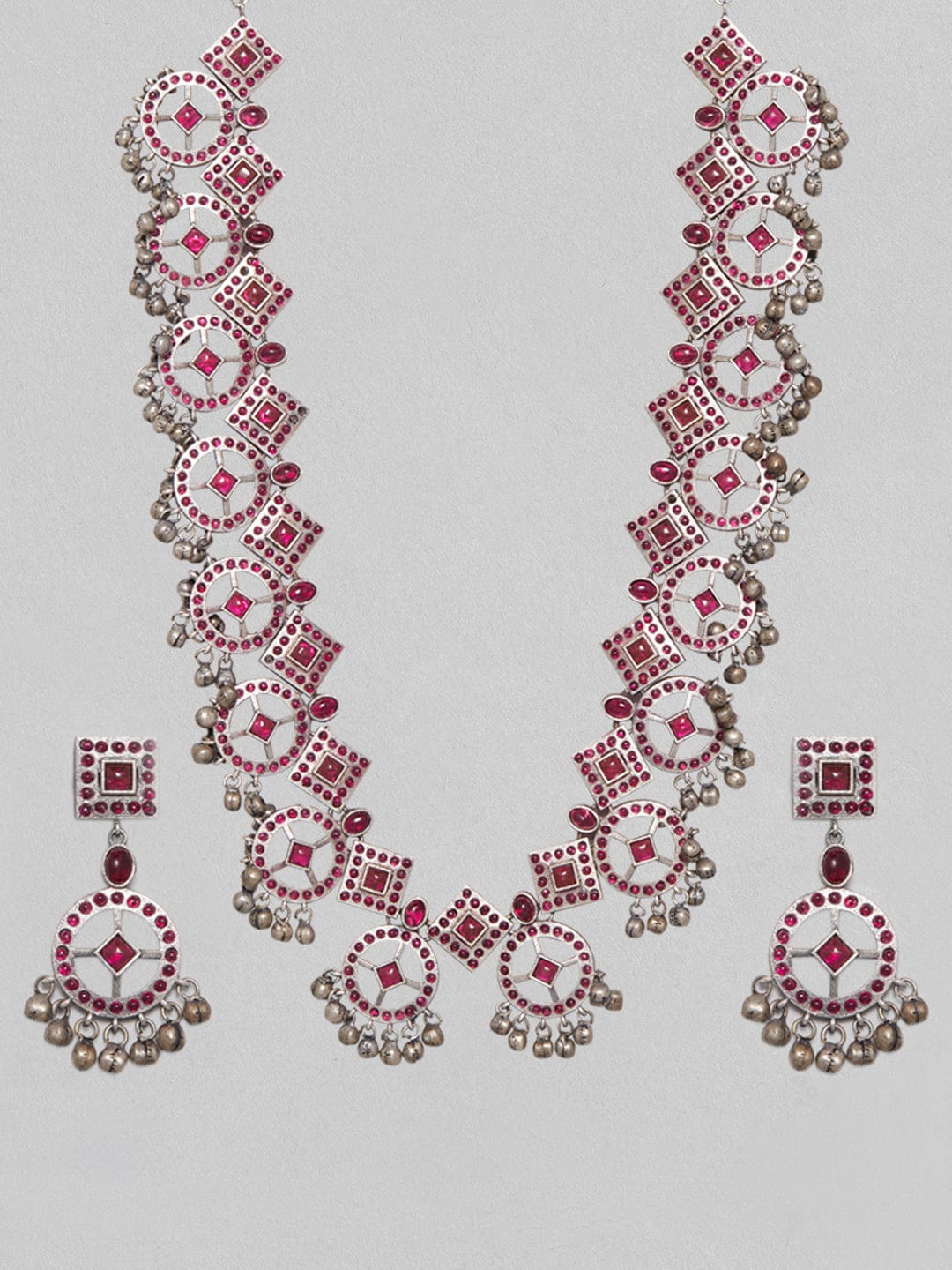Geometric Oxidised Pink Long Necklace Set