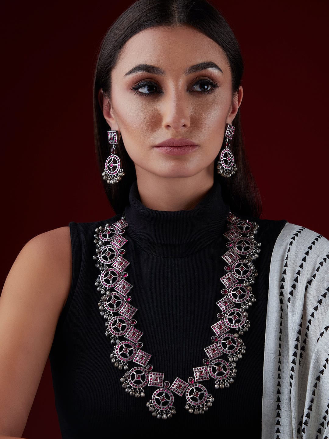 Geometric Oxidised Pink Long Necklace Set
