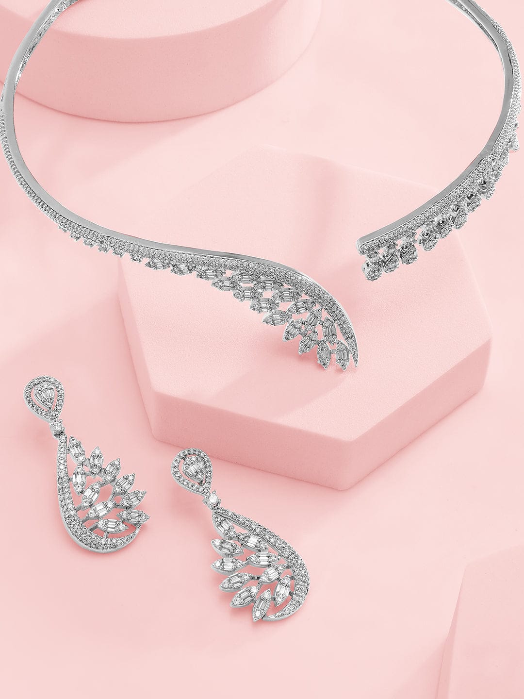 American Diamond Zirconia Leaf Cluster Choker Set
