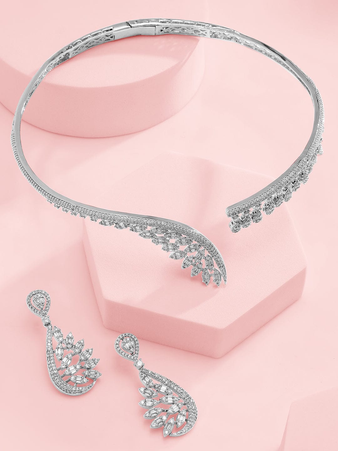 American Diamond Zirconia Leaf Cluster Choker Set