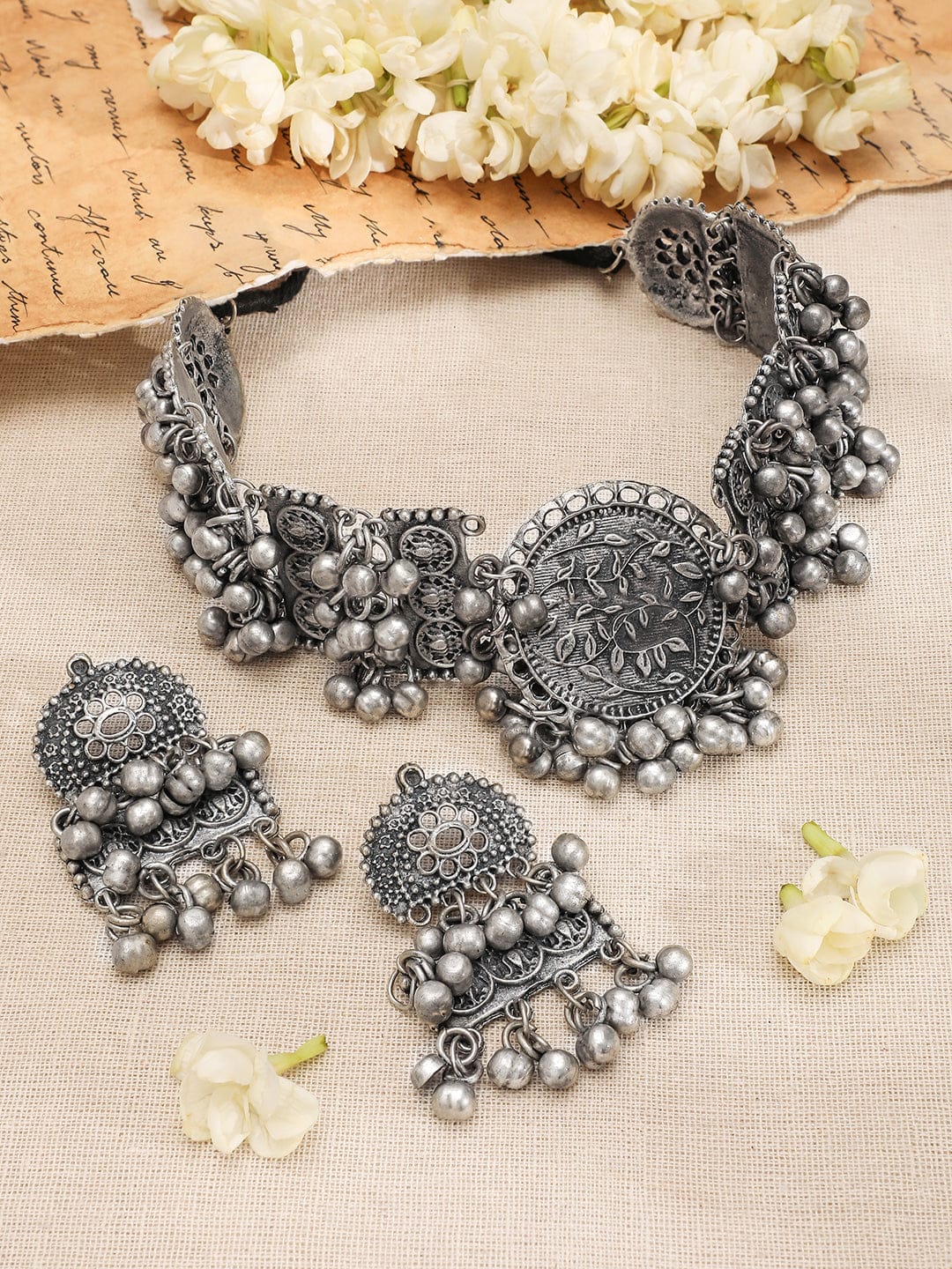Oxidised Floral Drop Choker Set