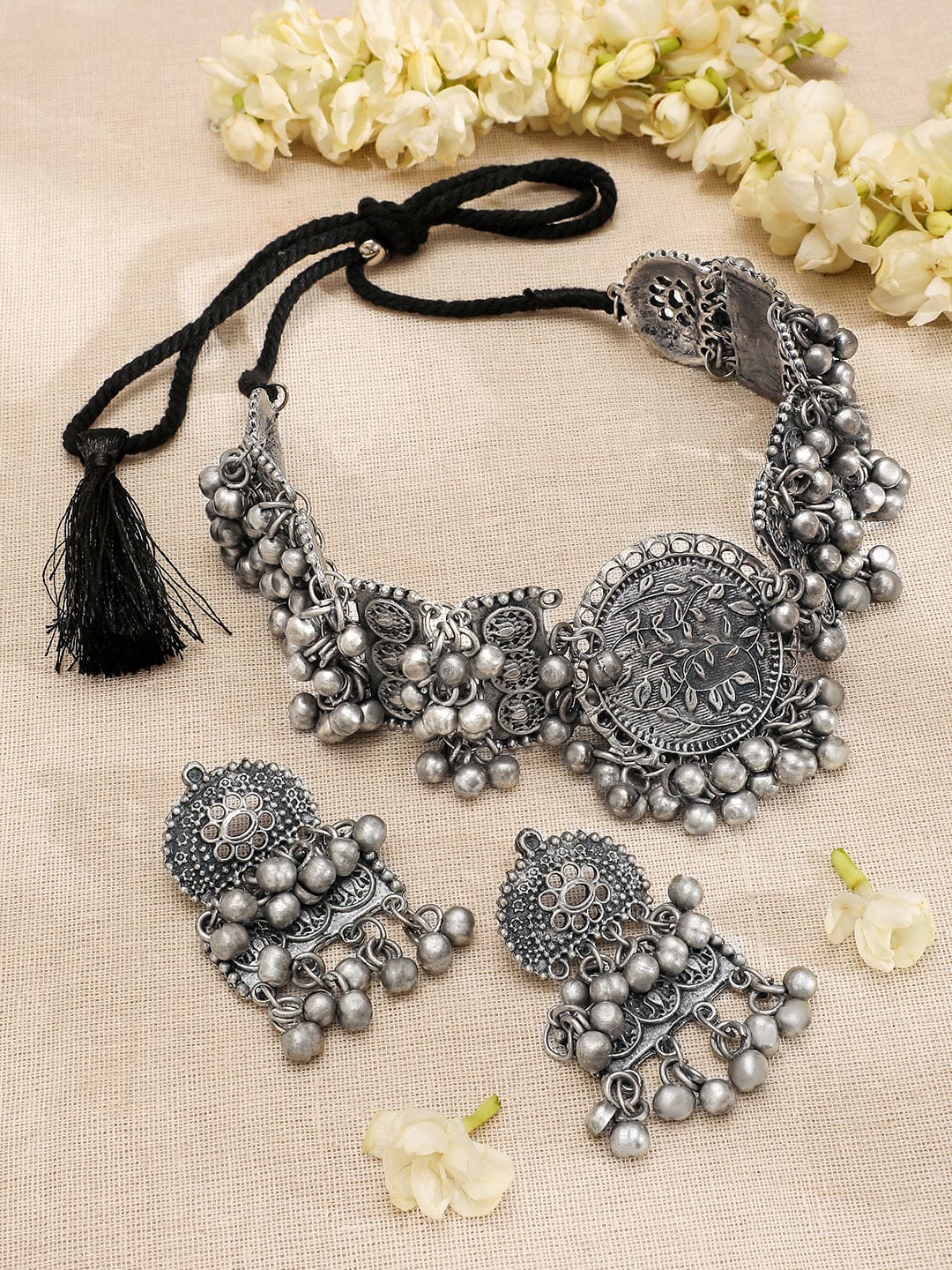 Oxidised Floral Drop Choker Set