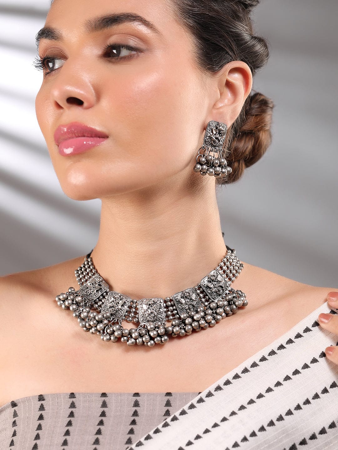 Oxidized Silver Bead Work Necklace Set