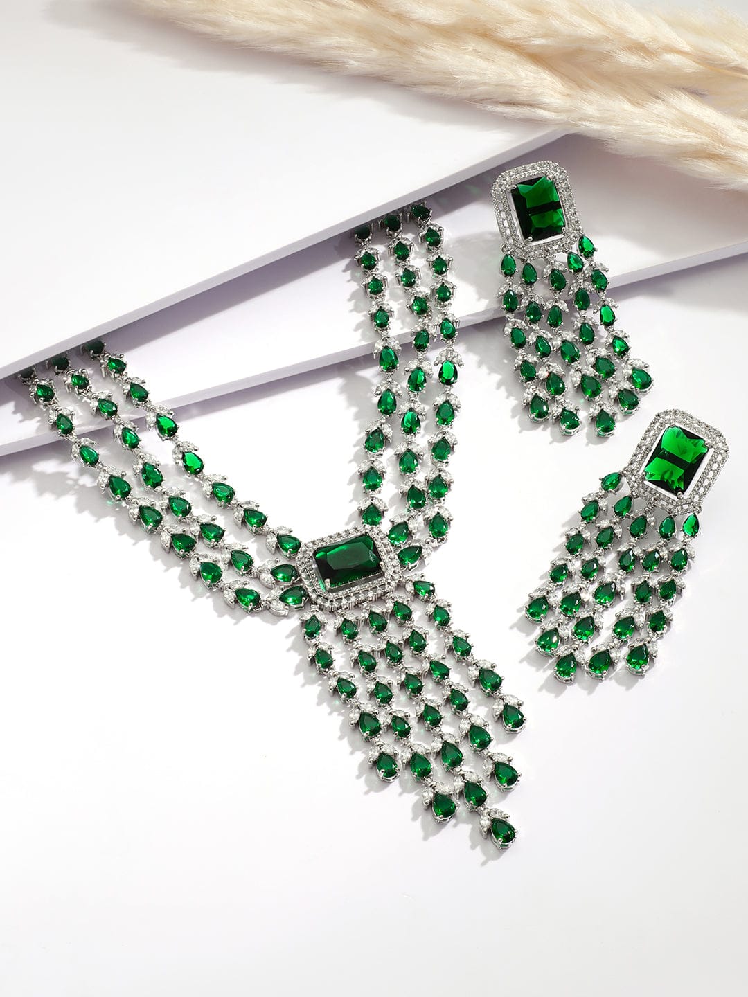 Green American Diamond Zirconia Teardrop Necklace Set