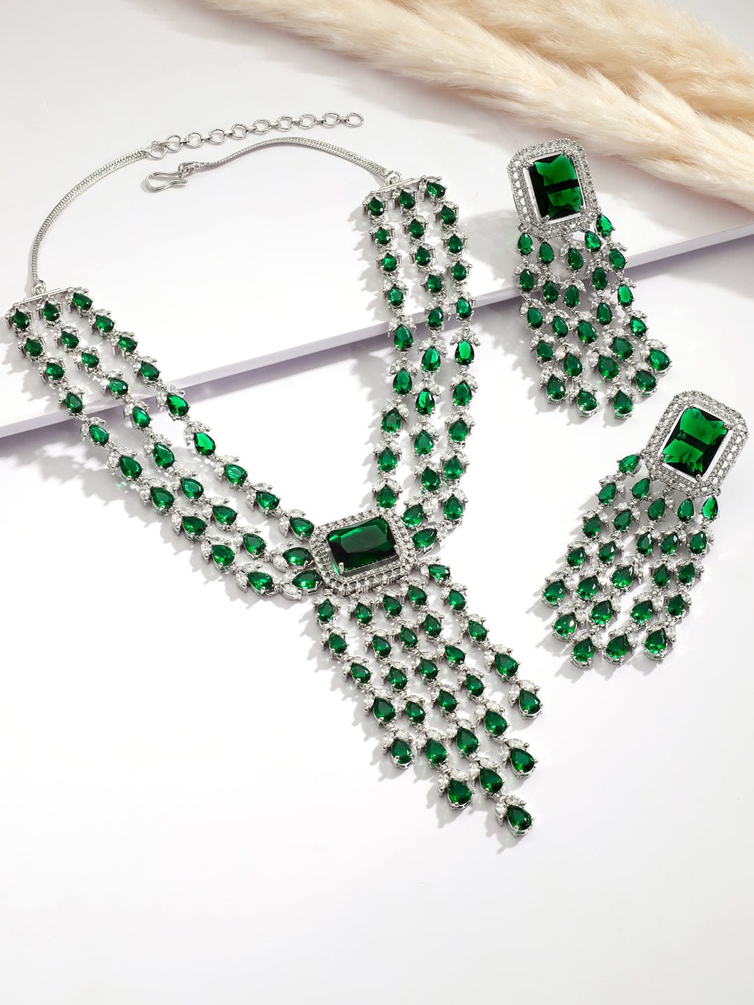 Green American Diamond Zirconia Teardrop Necklace Set