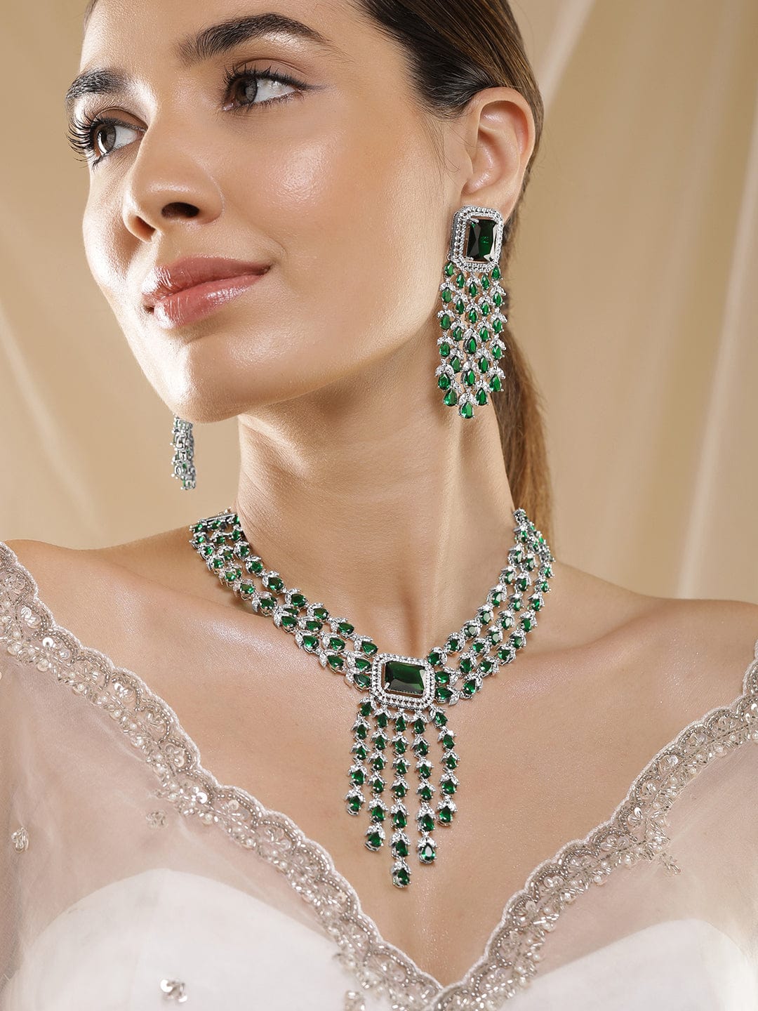Green American Diamond Zirconia Teardrop Necklace Set